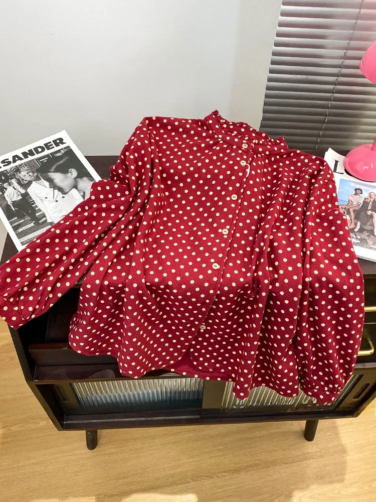 

Ретро-рубашка женская свободного кроя с принтом в красный горошек, летняя коллекция 2025, модная, в стиле Forest System, с воротником под дерево, укороченный топ