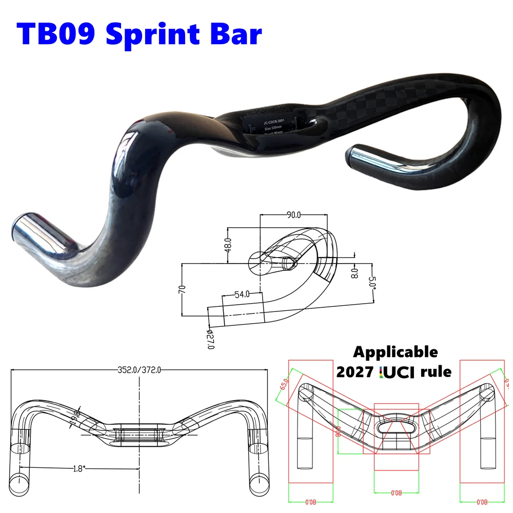 BIKEDOC 2027 UCI Carbonfaser-Rennradlenker für Sprint und Fixed Gear, 12K Glänzender TT-Lenker 31,8mm für 330mm /350mm