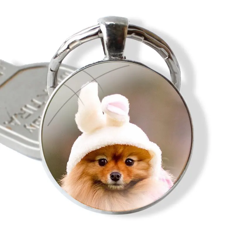 Pomeranian dogs dog Keychain Handmade Glass Cabochon Key Ring Holder Pendant Key Chains