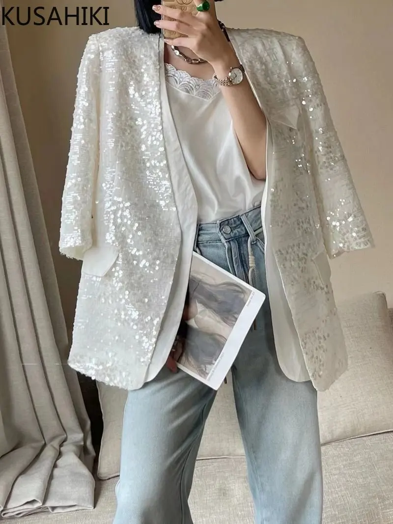 KUSAHIKI Elegant Fashion Sequined Tailored Coat Women 2023 Summer Thin Three Quarter Sleeve Jacket Causal V-neck Cardigan Tops