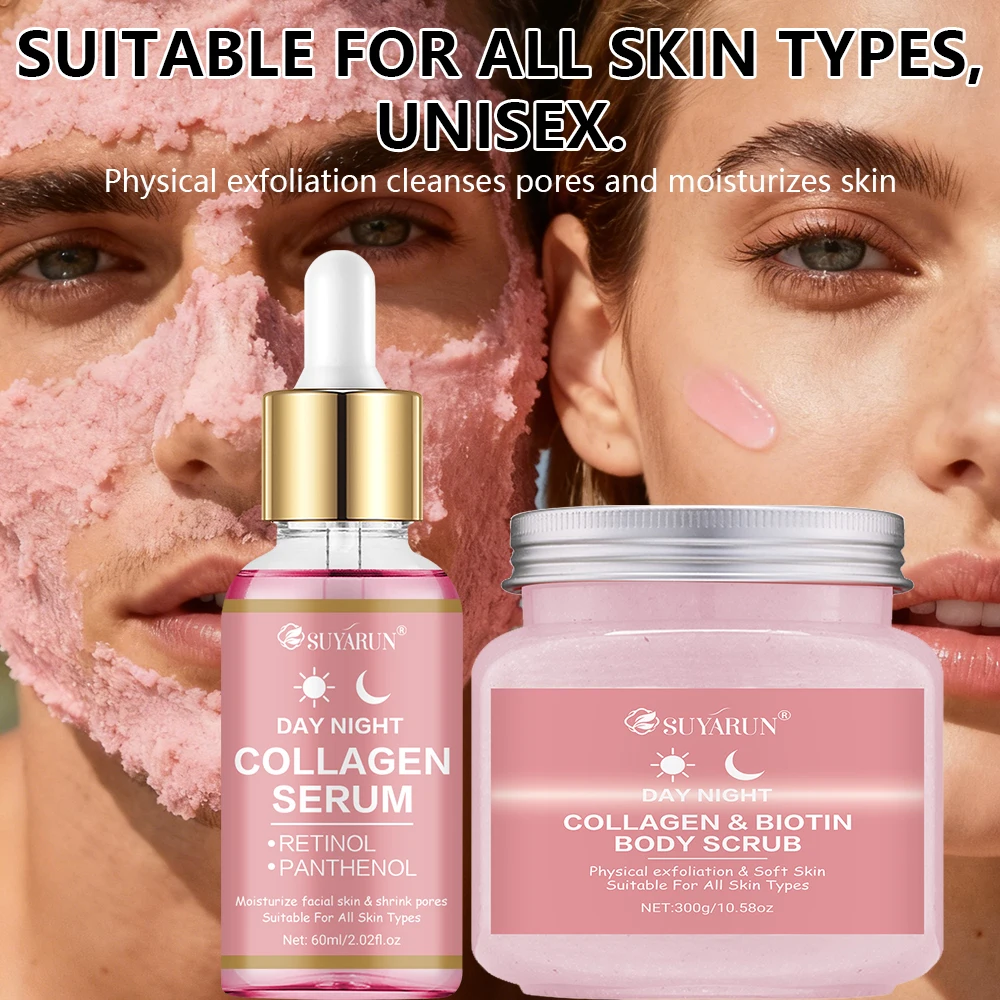 SUYARUN Collagen Serum & Scrub Set - Intensive Exfoliating, Moisturizing & Revitalizing Combo for Glowing Skin.