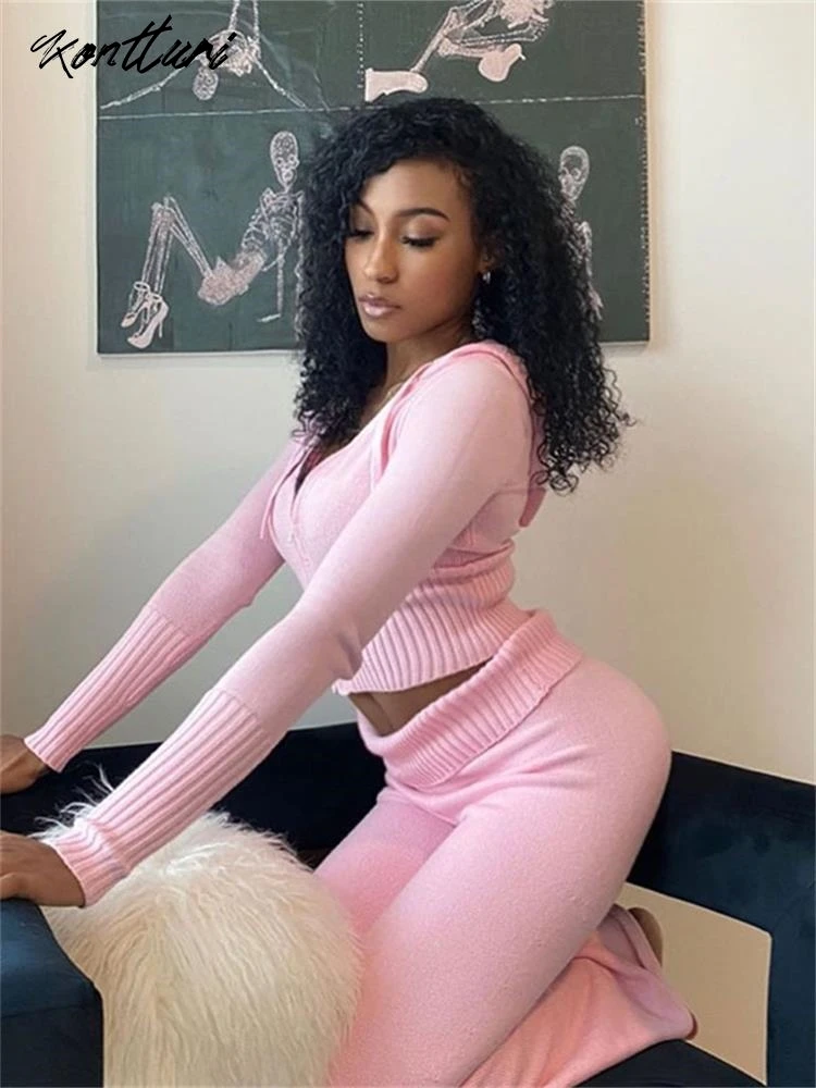 Kontturi Fall Knit Tracksuit Two 2 Piece Set Women Outfit 2023 Long Sleeve Zip Up Pink Cropped Hoodie Flare Pants Matching Sets