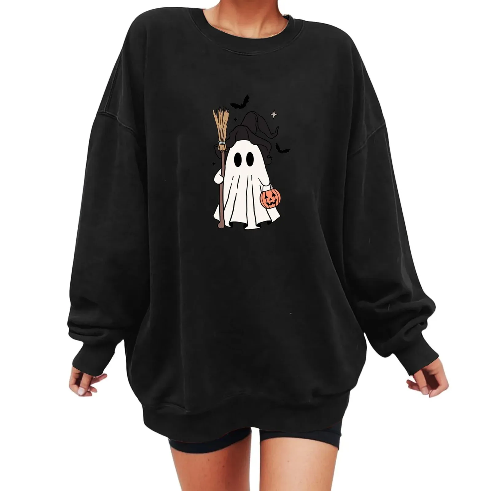 

Ladies' Halloween Cute Ghost Round Print Solid Color Round Neck Long Sleeve Hoodie Hoodie T-shirt Top Women