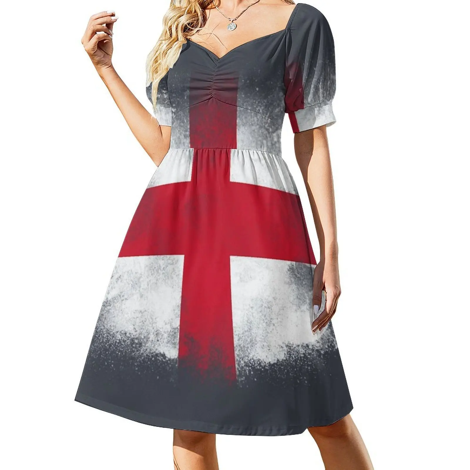 فستان قصير على طراز بريبي بعلم إنجلترا للنساء على شكل حرف a فضفاض مناسب فستان يوم غير رسمي علم إنجلترا علامة متقاطعة رمز ملابس نسائية #2