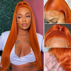 Perruque Lace Front Wig naturelle lisse-Lumiere, cheveux humains, orange blond, 13 age HD, pre-plucked, 30 pouces