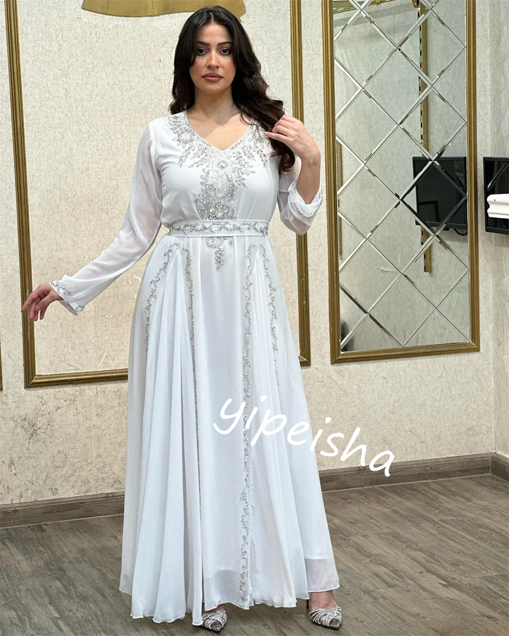 Vestido de noite personalizado com estampa de chiffon evasê com decote em V vestido de ocasião sob medida vestidos midi