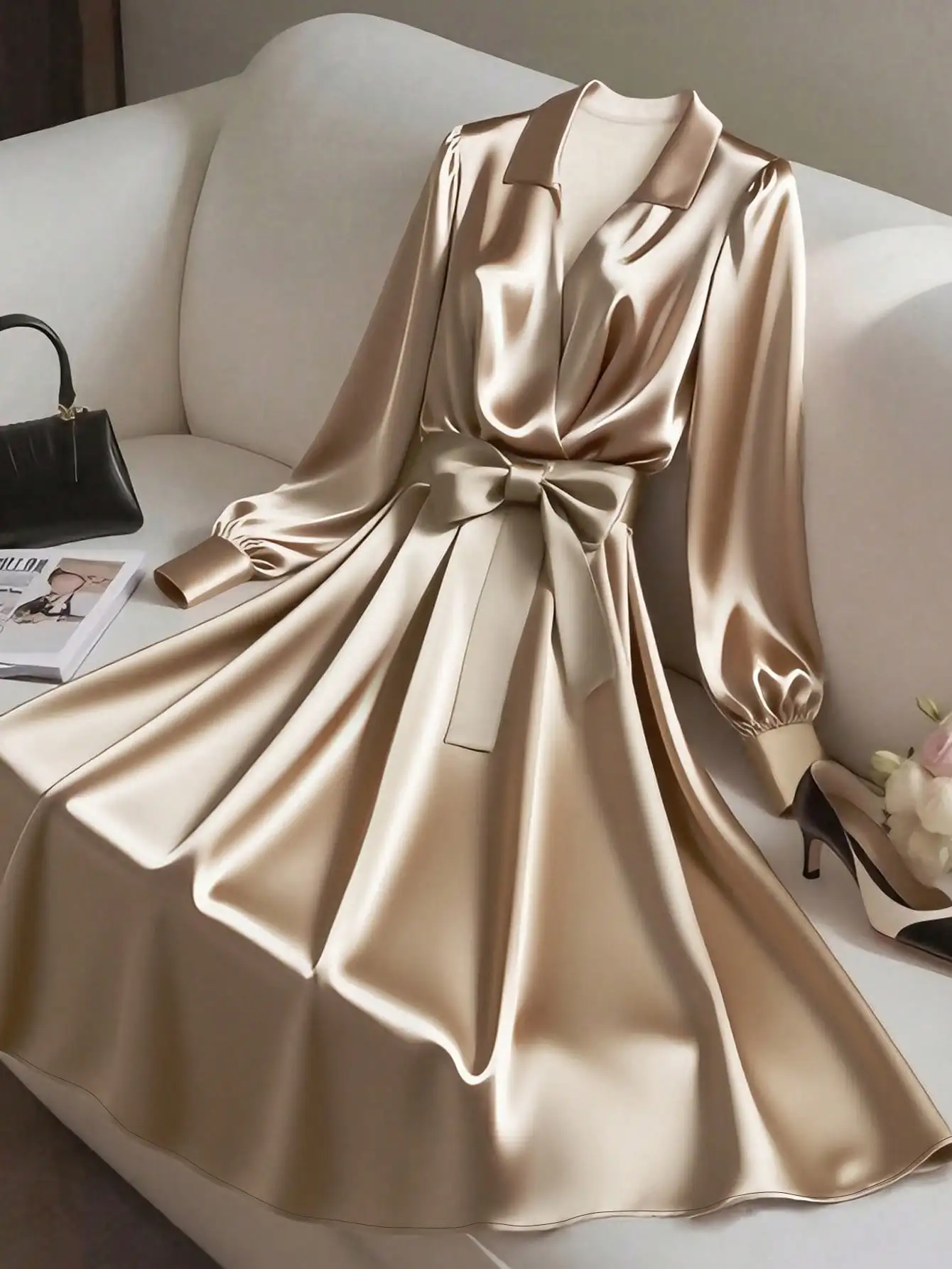 

Elegant Satin Long Sleeve Cross Collar Midi Dress with Tie Bow Waist