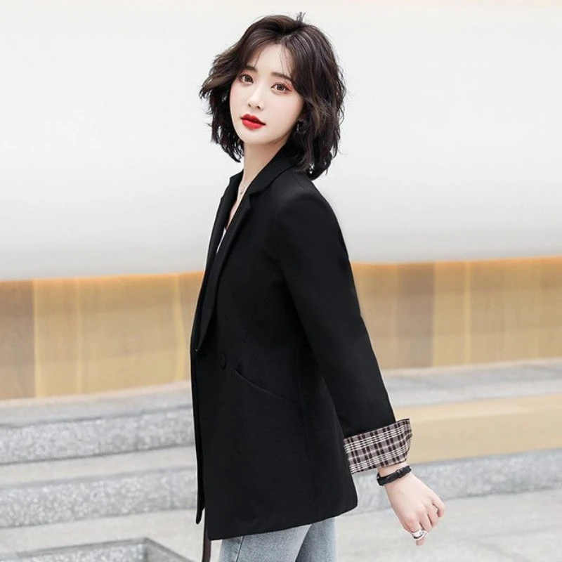 Women's Black Turned Cuffs Check Blazer Spring Autumn High End Slim Fit Casual One Button Suit Jacket for College Interviews