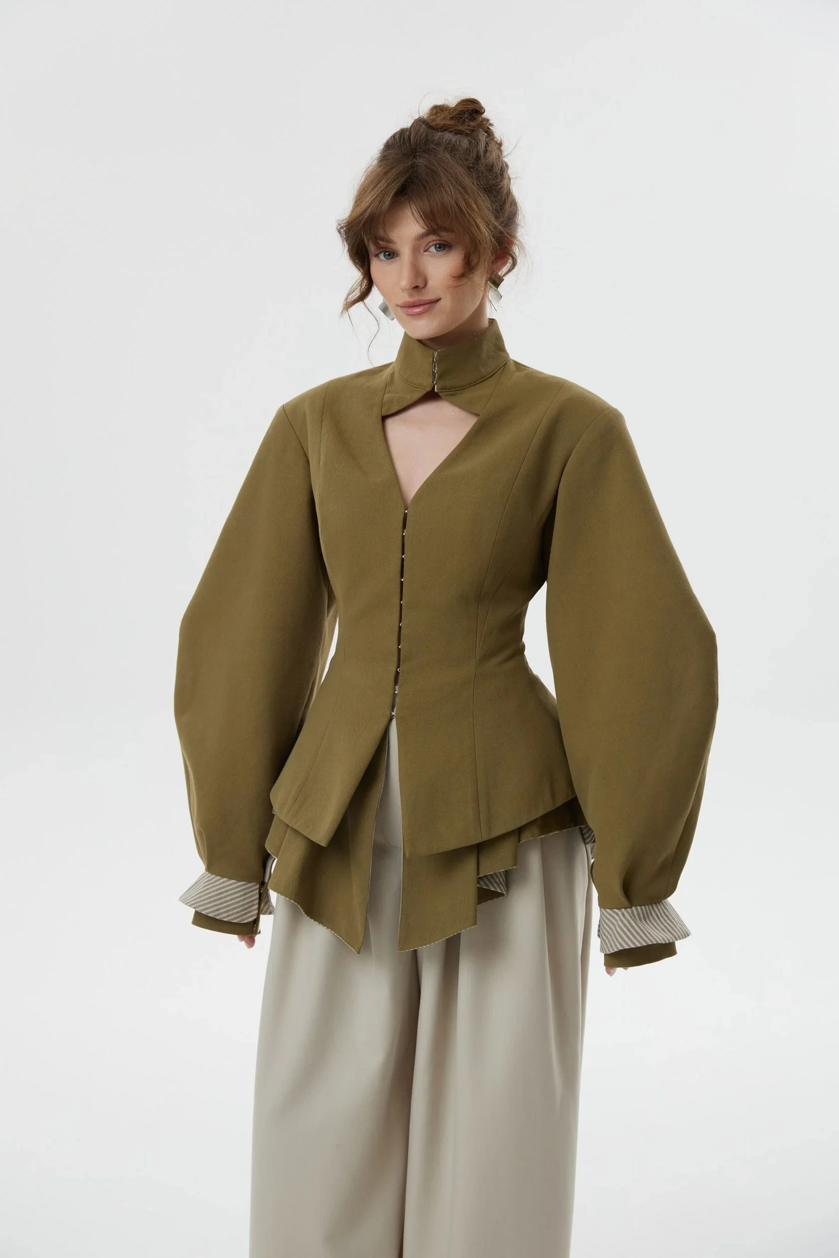 

Laur 2026 Stand Collar Cutout Blouse Women Puff Sleeve Hook Front Slim Irregular Layer Hem Office Daily Fashion Shirt