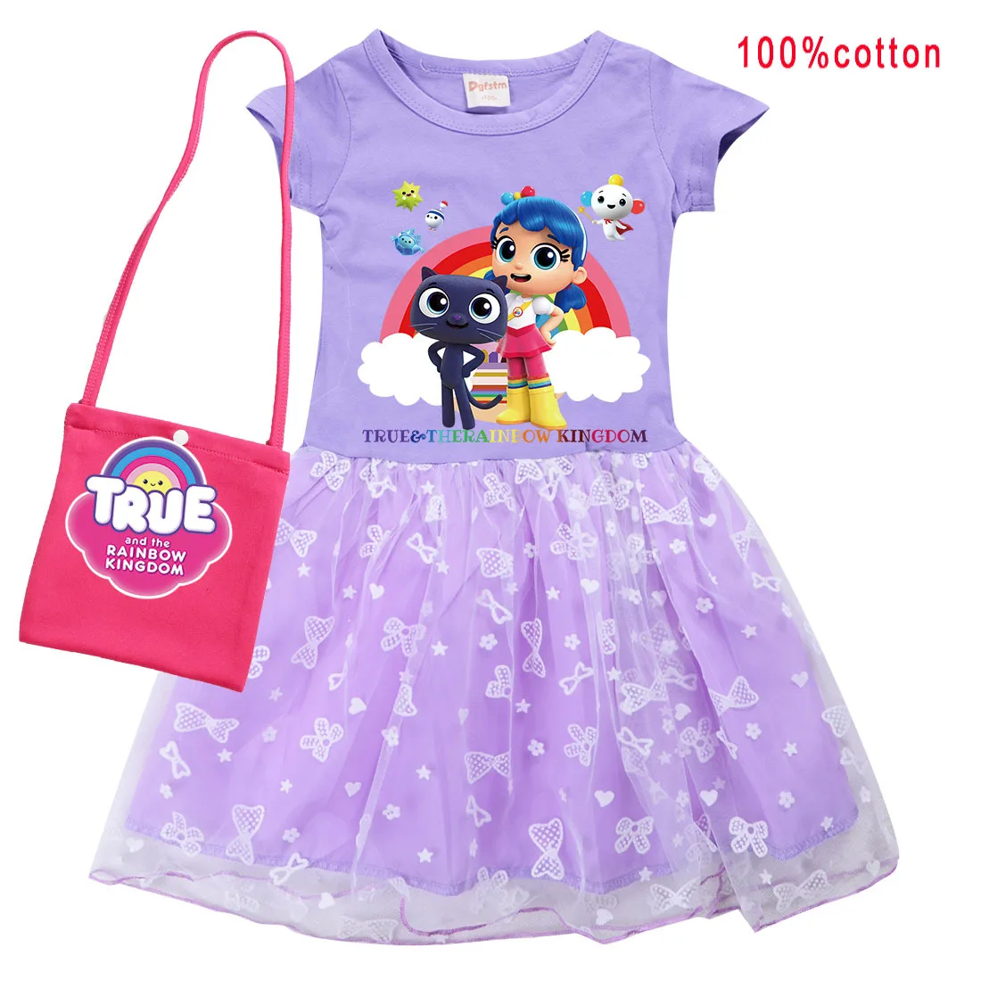 True and The Rainbow Kingdom Clothes Kids Rainbow Dress Girls Casual Dresses with Small Bag 2pcs Suit Children Princess Vestidos