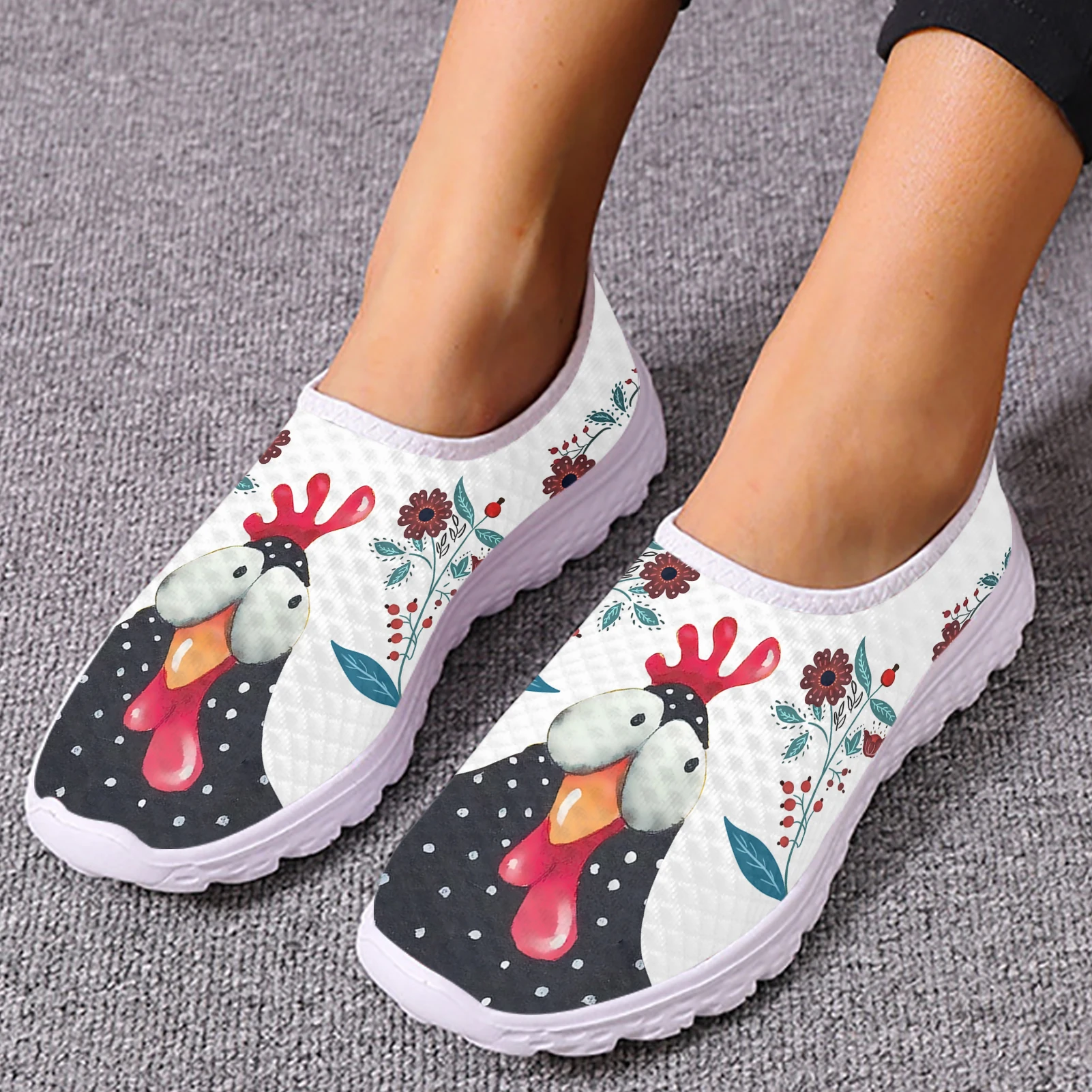 INSTANTARTS Cute Cartoon Rooster Flower Printed Shoes Breathable Sneakers Slip-on Light Non-slip Flats Soft Bottom Casual Shoes