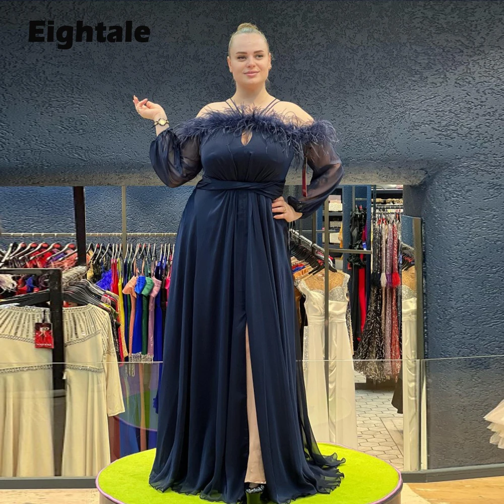 

Eightale Plus Size Evening Dress for Wedding Party Feather Long Sleeves Side Slit A-Line Arabic Prom Gown Celebrity Dress