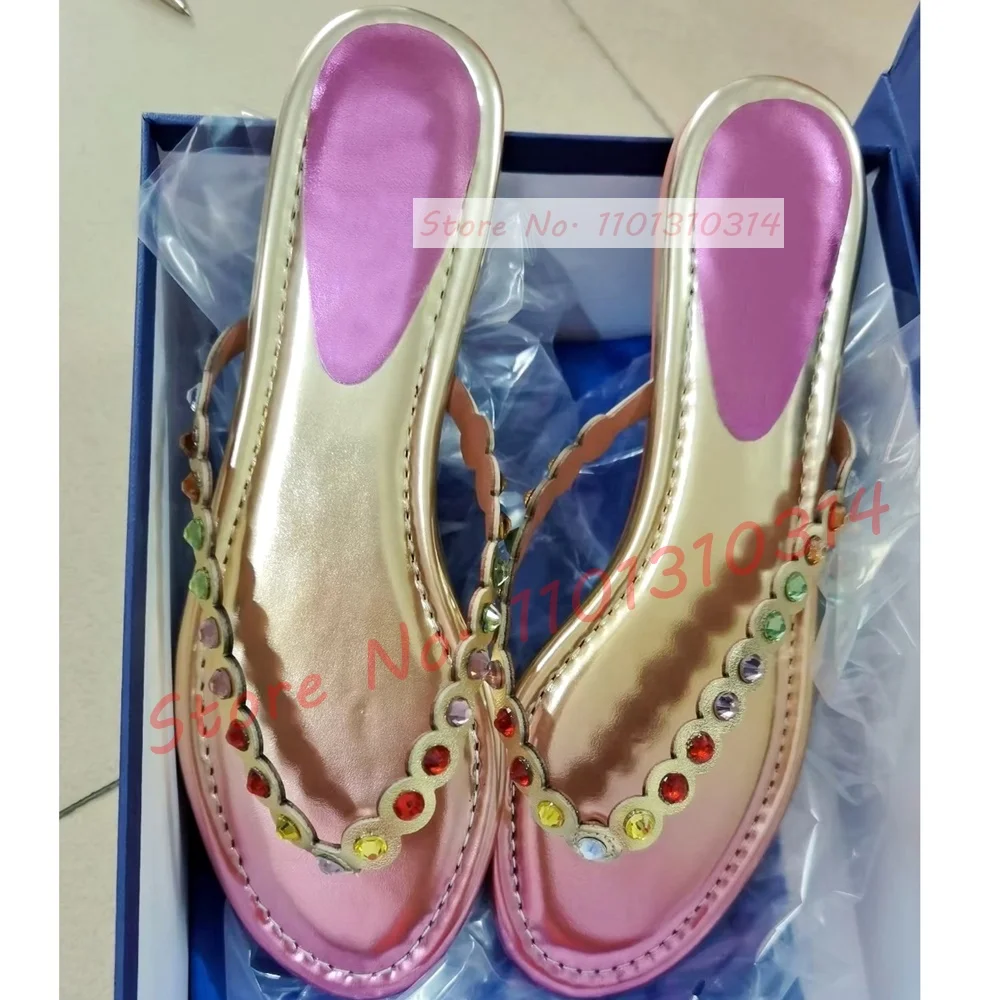 Infradito con strass viola sfumato donna pantofole piatte in vera pelle di cristallo colorato scarpe da festa Casual Bling di lusso da donna