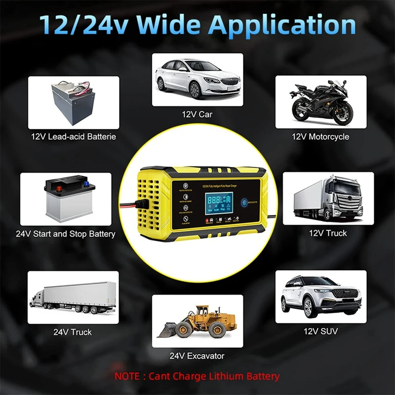 Chargeurs de batterie au lithium acide de plomb de voiture, affichage numérique, réparation d'impulsion, chargeur automatique, 12V, 24V