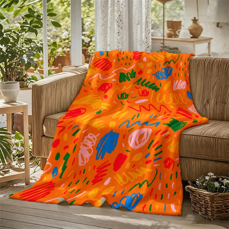 Scribble Doodles Orange Flannel Blanket Perfect for Sofa Office Bed Travel Sleep Read Relax Camping Four Season Use