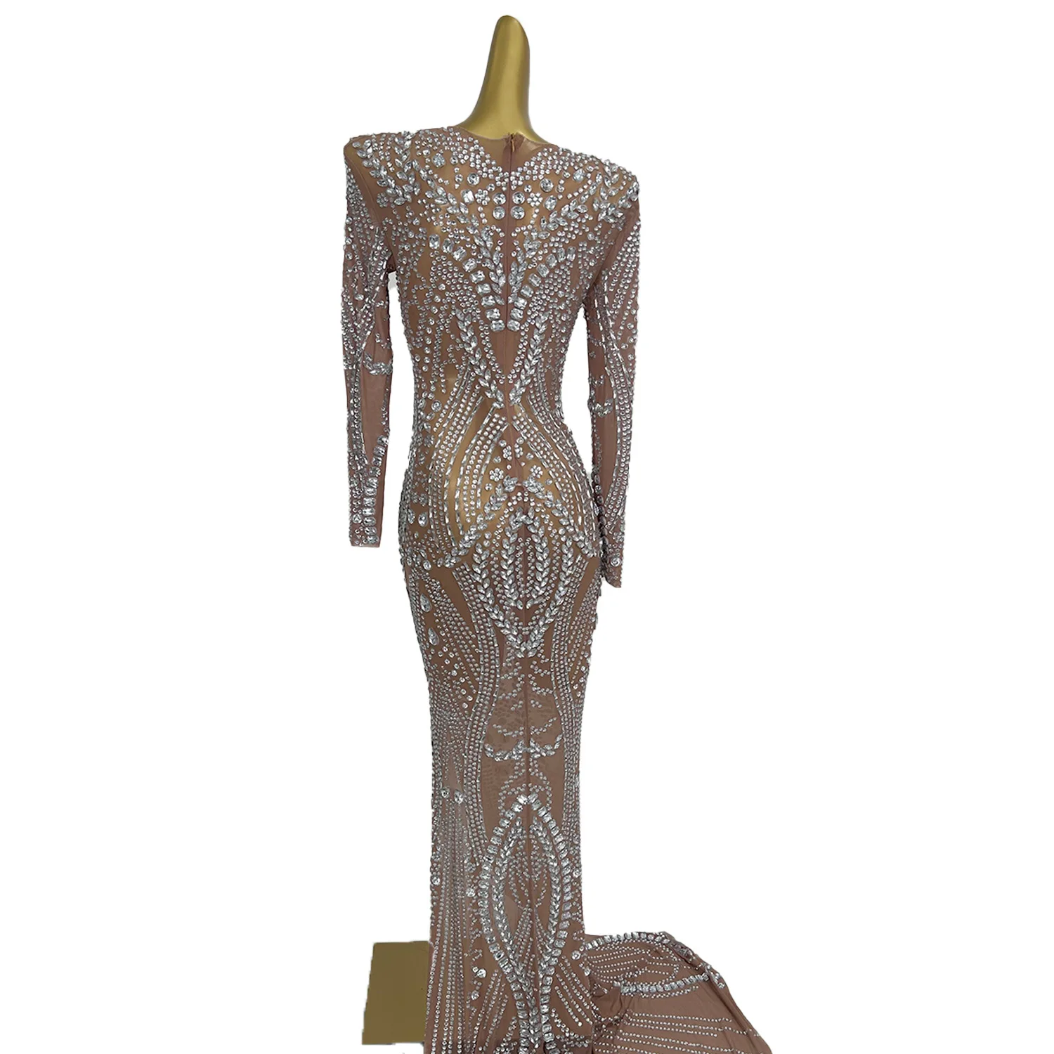 Fulingkaichachangqun femmes élégantes haut de gamme robe de soirée argent plein diamant Perspective maille robe anniversaire robes de bal