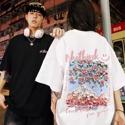 ZAZOMDE Man 100% Cottom Summer 260g T Shirts Cherry Blossom Snow Mountain Streetwear Printed Tees Casual Short Sleeve Tops