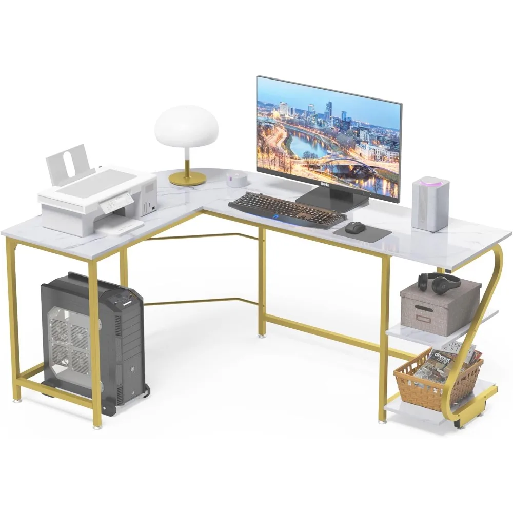 

Reversible l Shaped Computer Desk with Storage Home Gaming Office Writing Workstation Corner Table for Small Space White Marbli