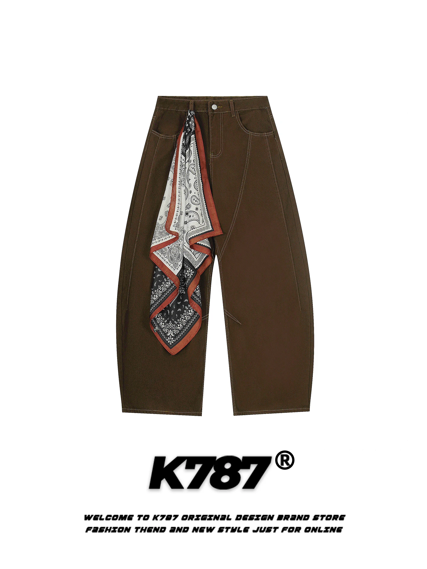

K787 American Retro Vintage Casual Pants Men Women with Scarf Loose High Waist Slim Wide Leg Knife Long Pants Casual Sle