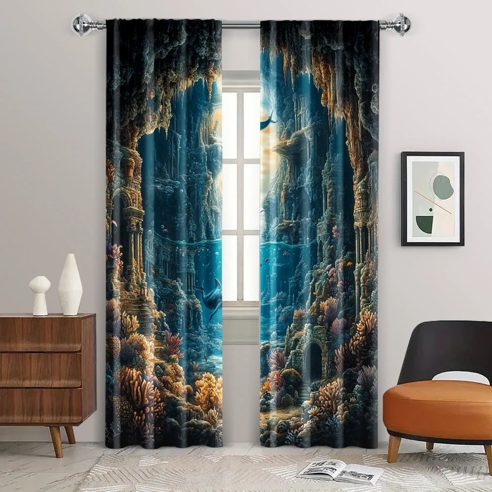 2pc,  Window Curtains underwater oasis Versatile Polyester,Without Electricity Wall Decor Use for Indoor Celebrations, Room