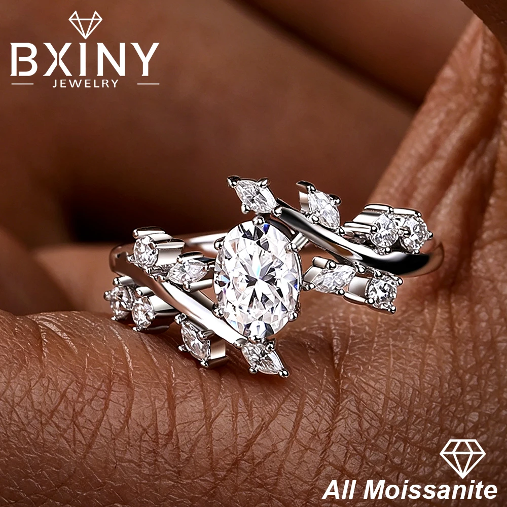 

BXINY 1CT Oval Cut Full Moissanite Rings 925 Sterling Silver For Women Vine Leaf Diamond Wedding Band Fine Jewelry Gift with GRA