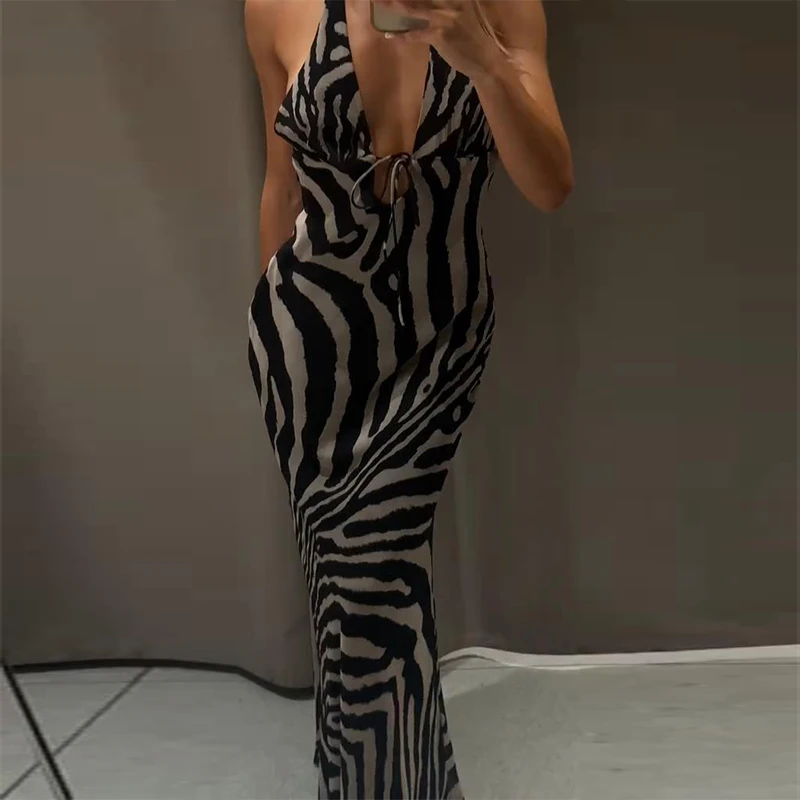 Zebra-Bedrucktes Neckholder-Maxikleid für Damen, Sexy, Ärmellos, Rückenfrei, Tailliert, Hüftbetont, Schlankes Abendkleid, Elegante Damenroben – Detail 12