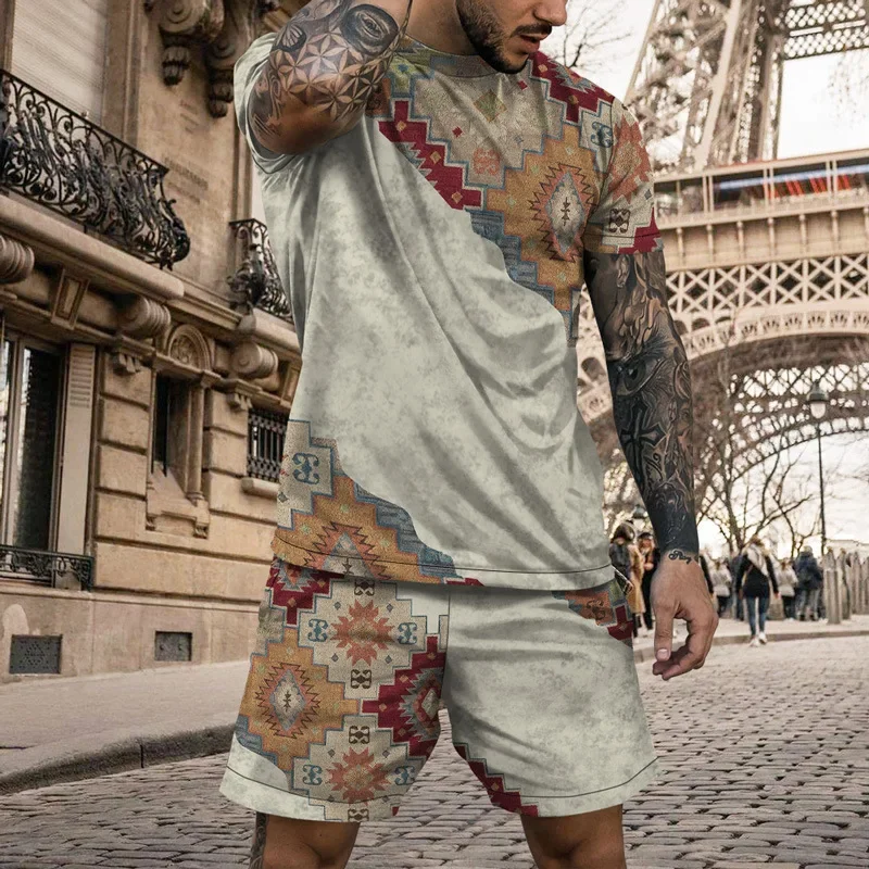 

Лето 2025 г., спортивная одежда большого размера в этническом стиле с 3D принтом и круглым вырезом, уличная мужская футболка, шорты, повседневный комплект из 2 предметов