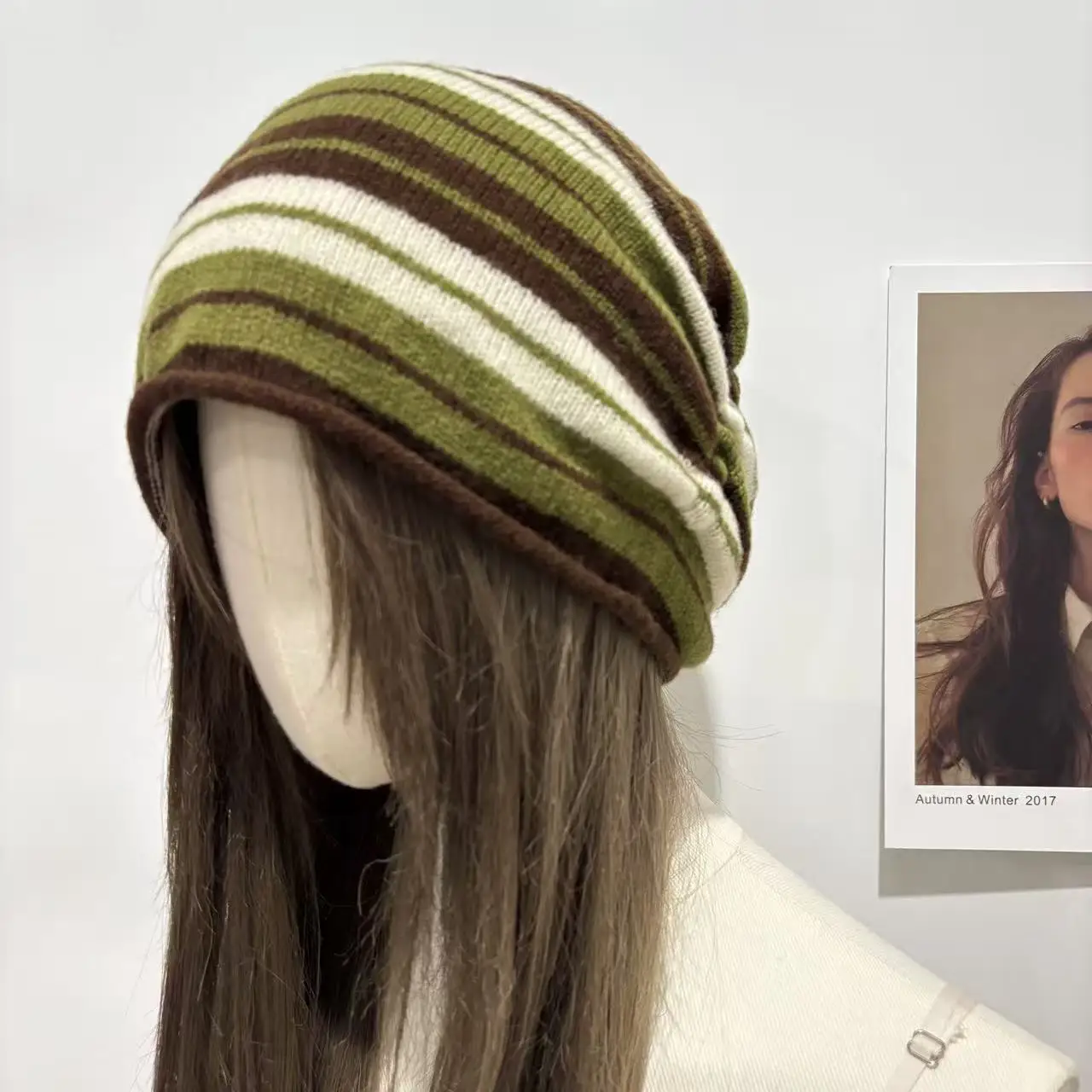 New 100% Wool Colorful Striped Turban Hat Export Japan Korea Orders Outdoor Versatile Hair Tie Slouchy Beanie Knitted Cold Hat