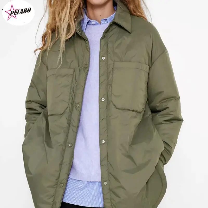 Za Women\'s Shirts Jackets Thin Parka Oversize Shirt Coats Femme Armygreen Outerwear Coats Bf Long Sleeve Khaki Coat Trf PULABO