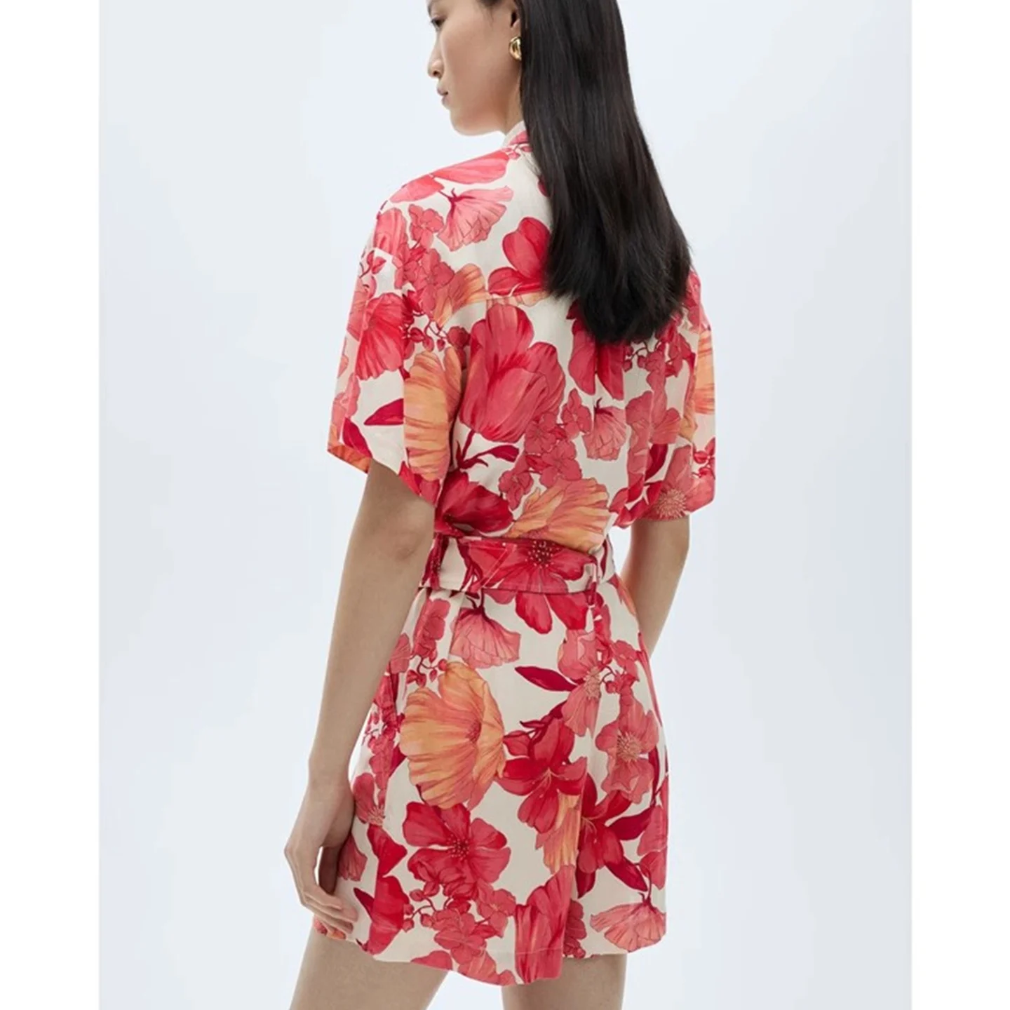 

Summer New Women's Floral Print ort Sve Bib Overalls High Waist ort Length Suit Commute Sle Polyester Fiber