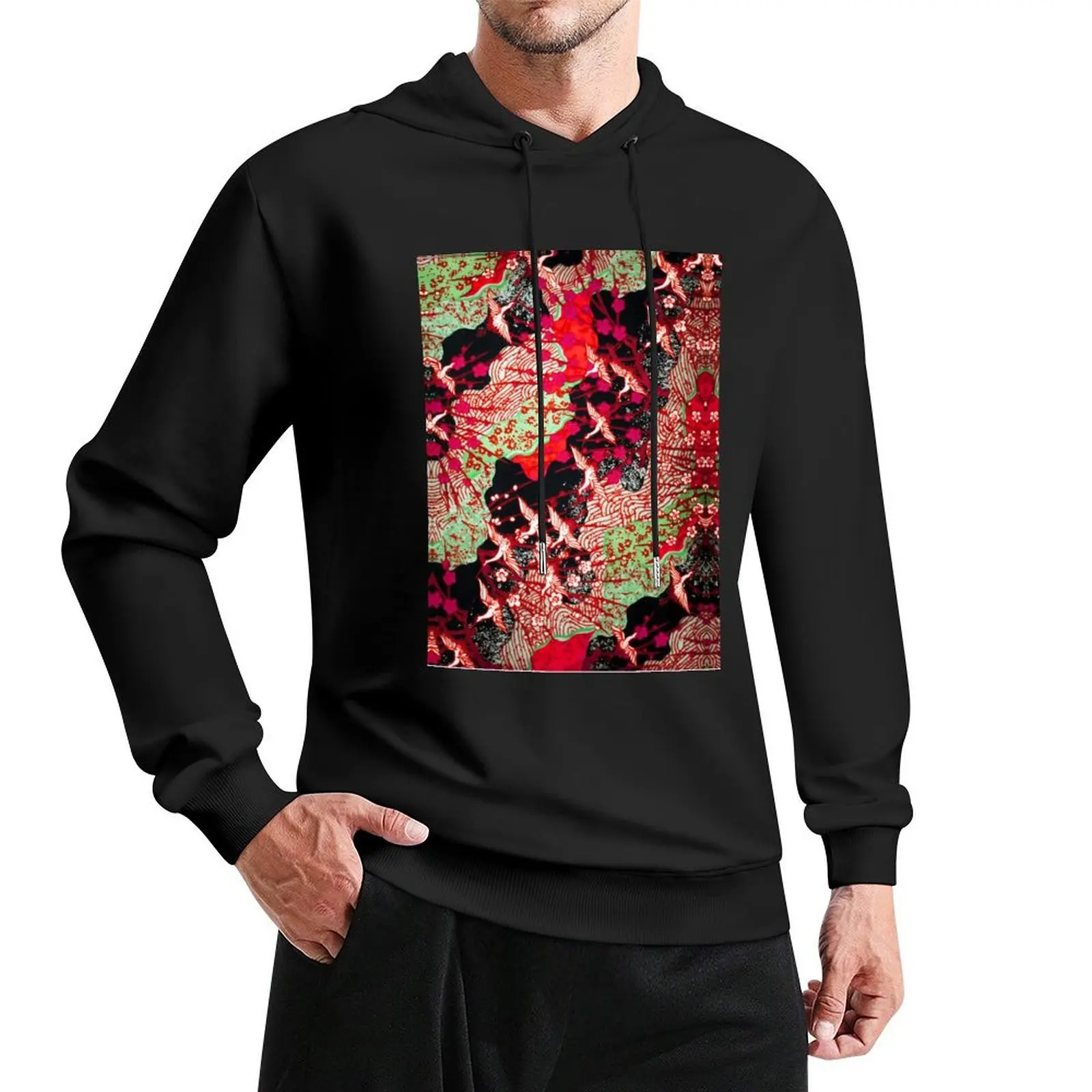 

FLYING CRANES AND SPRING FLOWERS Red Green Black Antique Japanese Floral Pullover Hoodie hooded shirt graphic hoodies