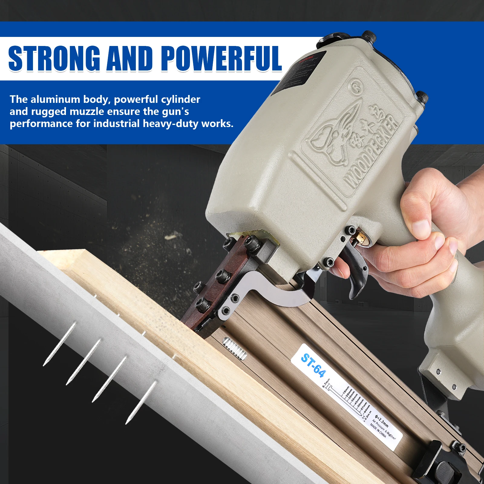 WOODPECKER W-ST64 14 Gauge Heavy Duty Pneumatic Concrete T Nailer with 800 PCS ST18 Concrete T Nails  for Furniture view 5
