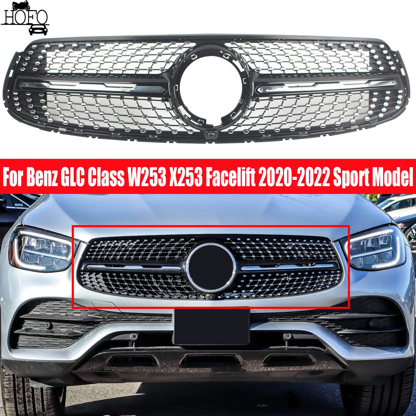 

Car Front Racing Grille Bumper Grilles Replacement Part For Benz GLC Class W253 X253 Facelift 2020-2022 Sport Model With Camera