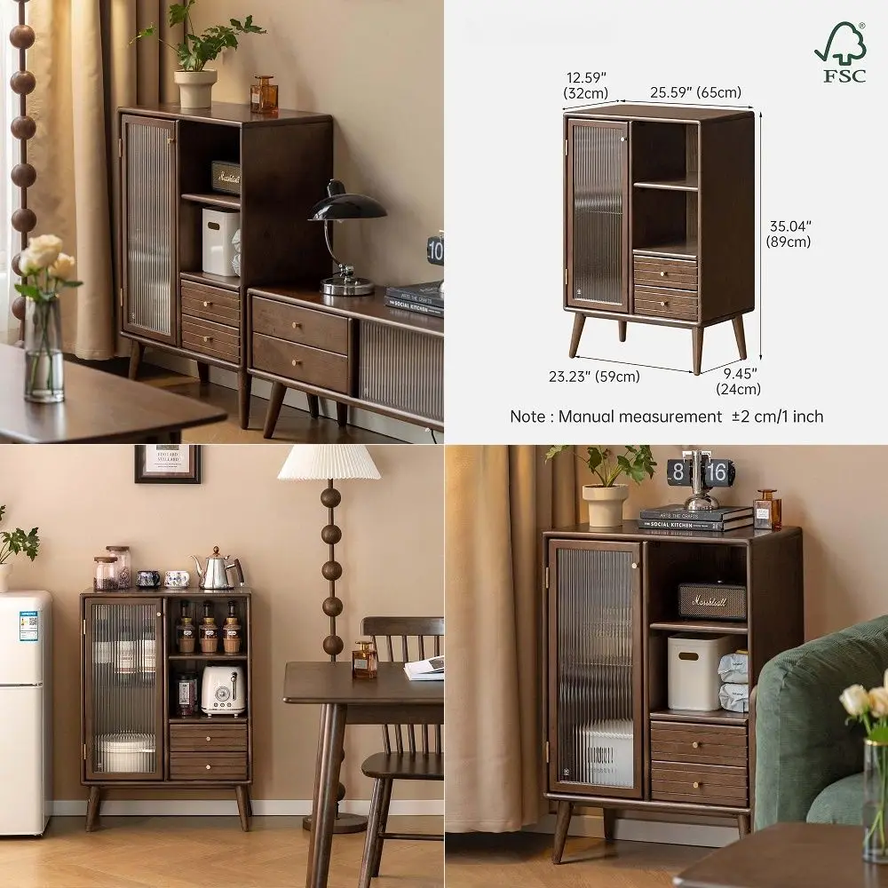 

Buffet Cabinet with Storage, 100 Solid Rubberwood Wood Coffee Bar with Glass Door amp 2 Drawers, Wooden Kitchen Display Cabinet