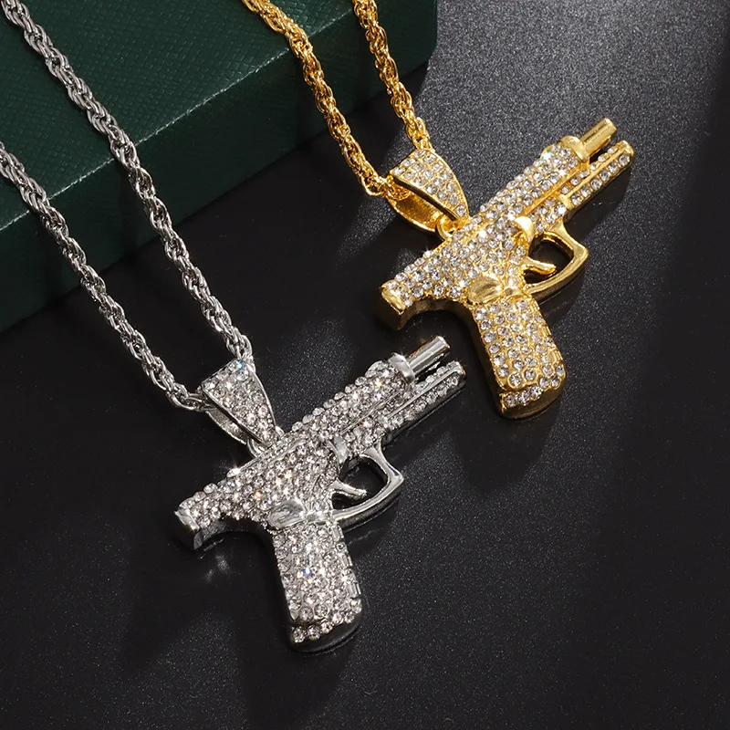Hip-hop style small pistol necklace with embedded diamonds for men. A must-have accessory for men's hip-hop style street parties view 6