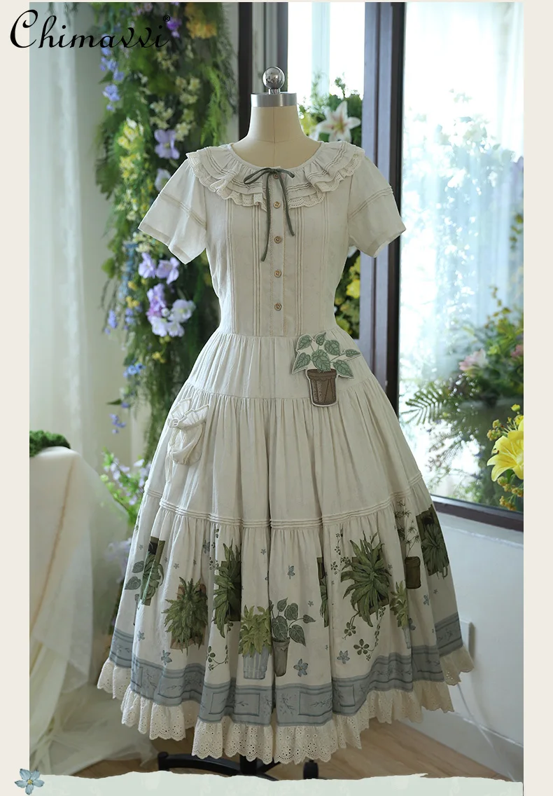 

Original Design Pastoral Style Loose Cotton Long Dress 2025 Autumn New Sweet Printed Short Sleeve Elegant Long Princess OP Dress