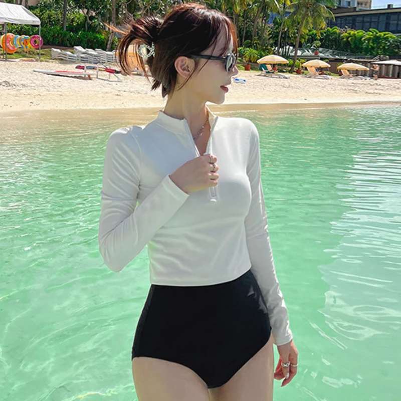 

Summer Beach Surfing Women's Bikini Long Sleeve Standing Neck Zipper Sunscreen High Waisted Female Trendy Swimwear Two Piece Set