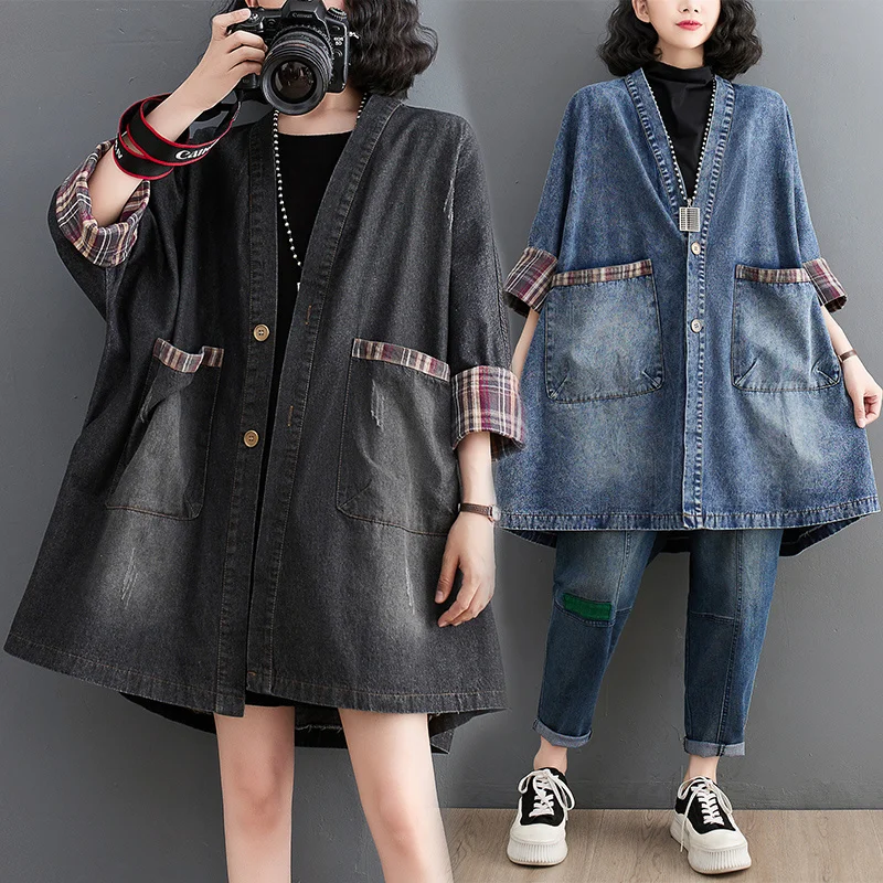 #6818 Black Blue Vintage Kimono Denim Jacket Women V-neck Buttons Loose Retro Long Jacket Outerwear Womens Pockets Autumn Winter