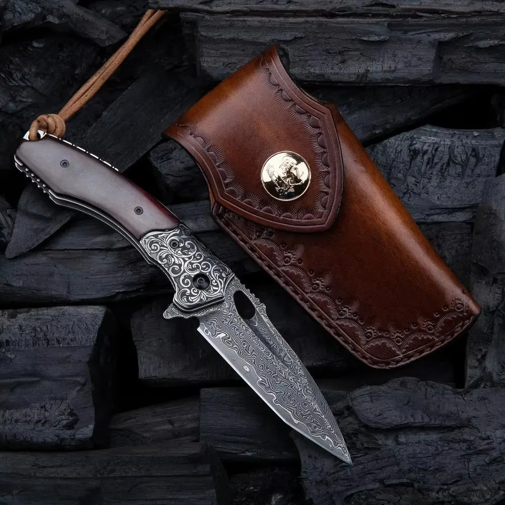 Japanese 67 Layered Damascus Folding Pocket Knife with Leather Sheath EDC Knives Tool for Survival Self Defense Camping Outdoors