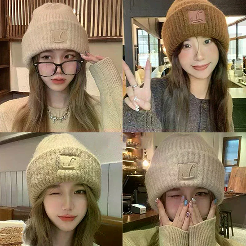 قبعة خشنة متماسكة حرف L بلون Skullcaps للنساء شتاء دافئ غطاء للأذنين قبعة الفتيات ركوب التزلج بونيه