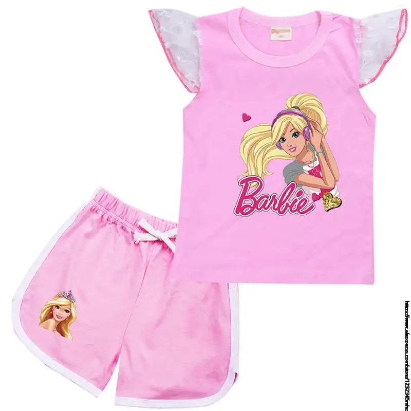 Conjunto de ropa para bebé, camisetas y pantalones cortos de Barbie para niños, trajes de 2 piezas, chándales informales para adolescentes y niñas,