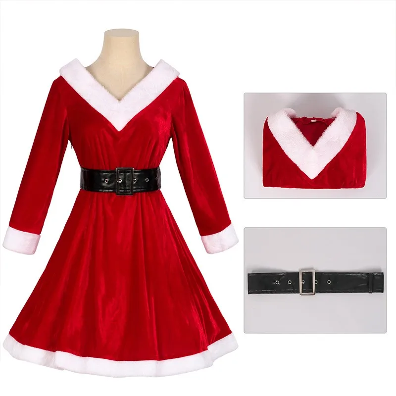 Christmas Party Women Red Dress Hooded Santa Claus Costume Red Velvet XMAS Holiday Christmas Cosplay Female Cute Fancy Dress