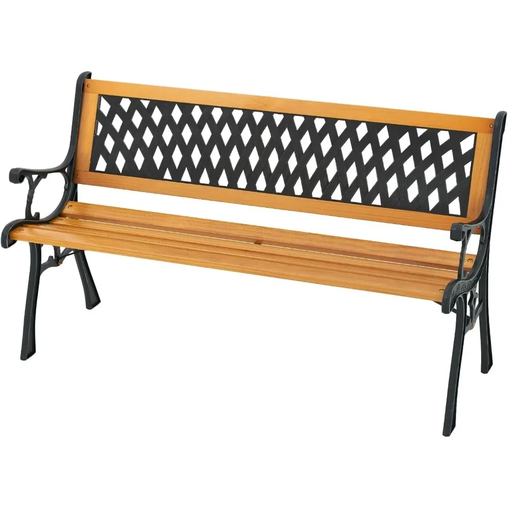 Outdoor Bench,  with Slatted Seat, Curved Armrests, Lattice Pattern Backrest, Cast Iron Metal Bench, Outside Bench for Patio