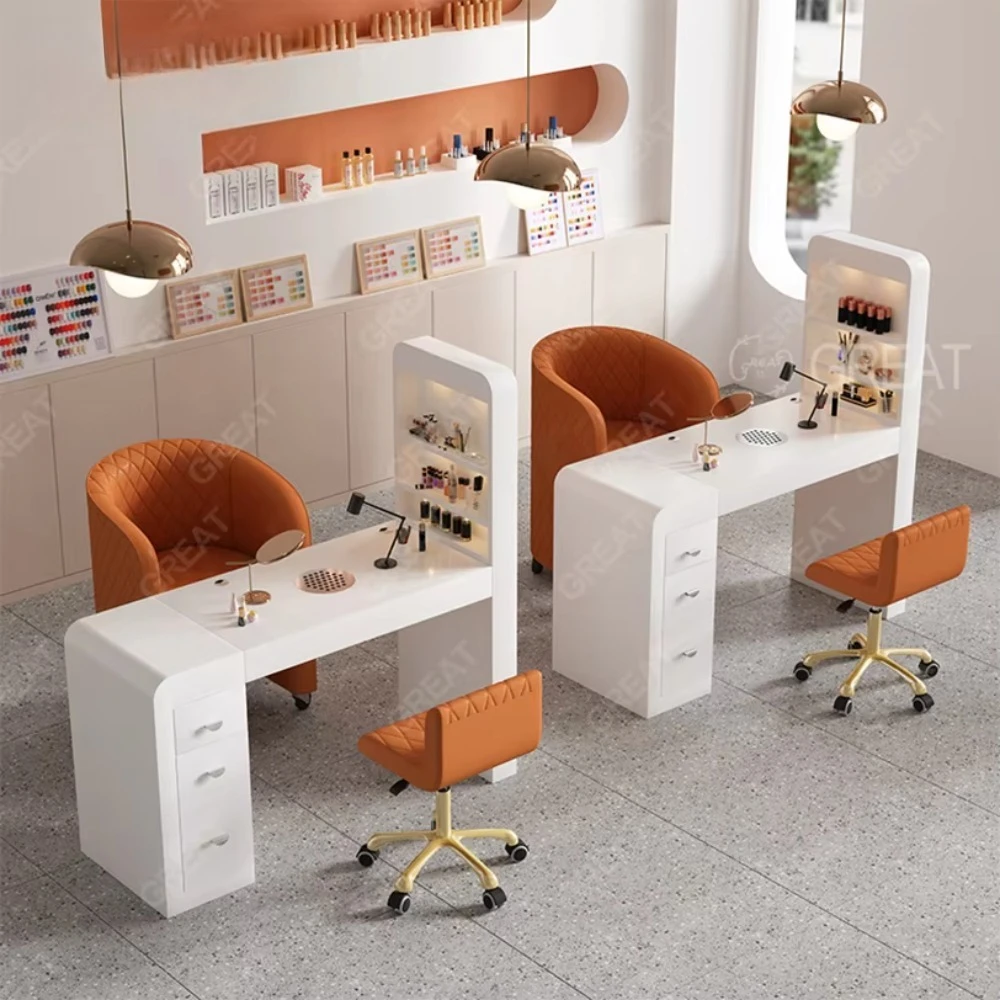 Modern Beauty Salon Manicure Desk and Chair Set with Dust Collector Luxury White Wooden Nail Table