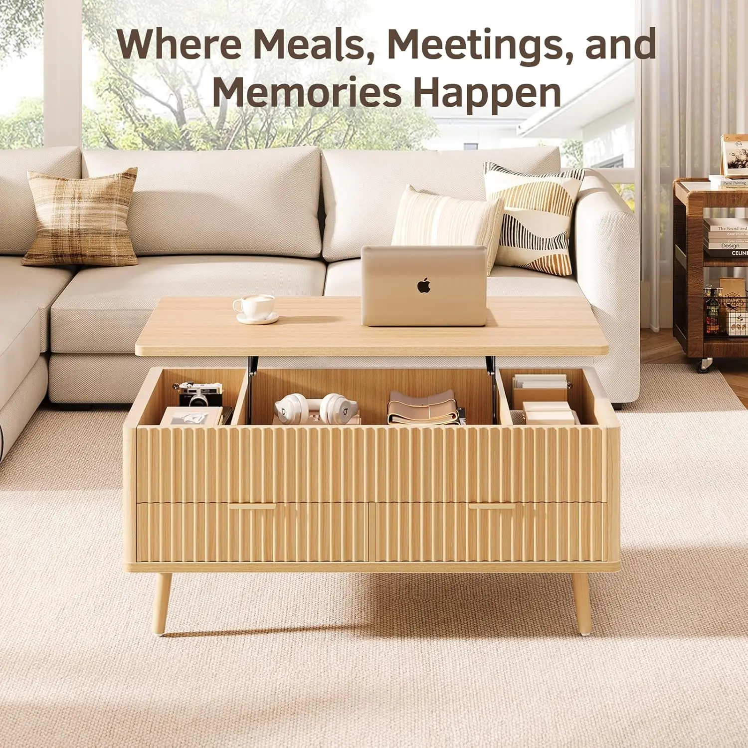 Mesa de centro cuadrada moderna natural de mediados de siglo: mesa central de madera estriada con tapa elevable grande con cajones y compartimento de almacenamiento oculto