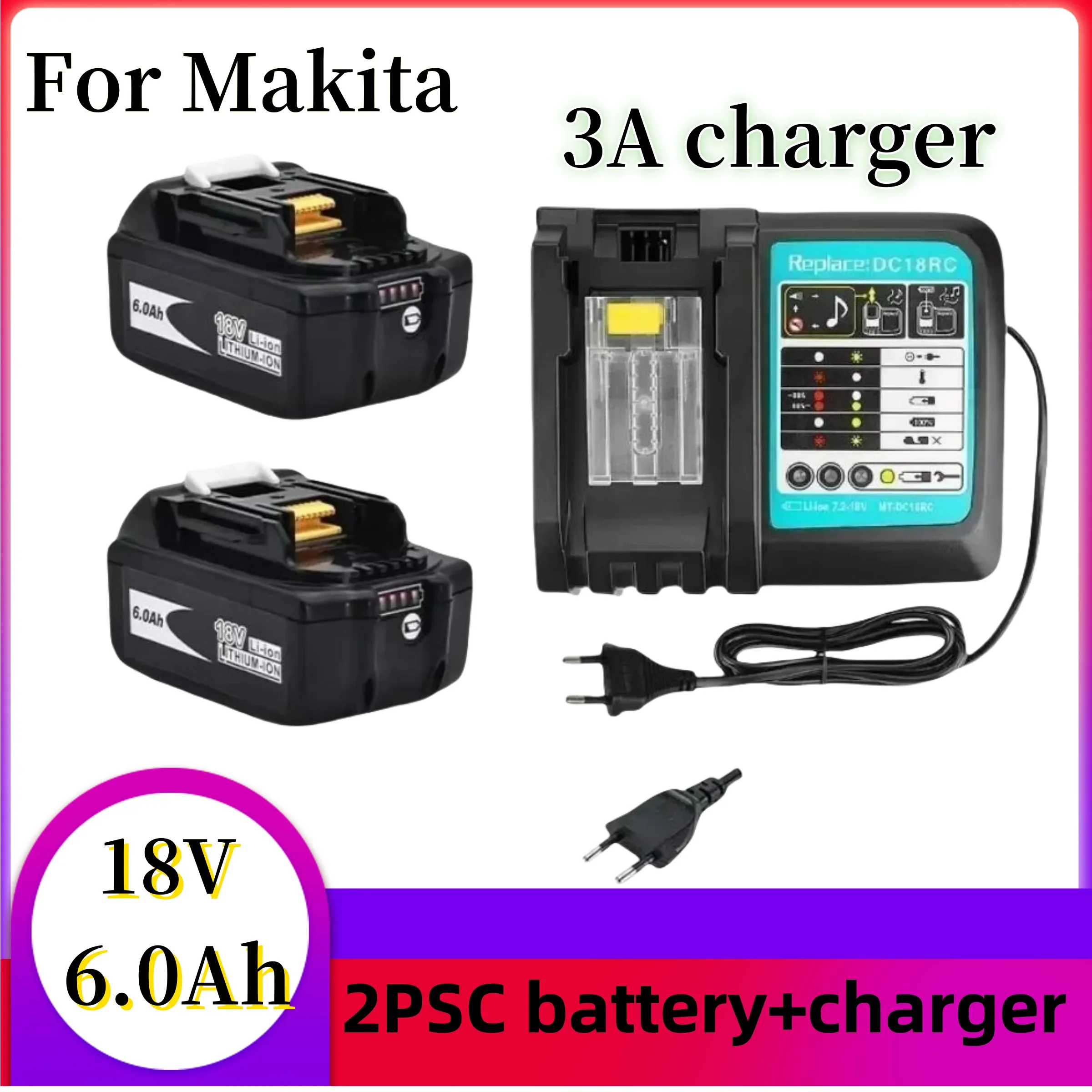 

NEW for Makita 18V 6000mAh Rechargeable Power Tools Battery with LED Li-ion Replacement LXT BL1860B BL1860 BL1850+3A Charger