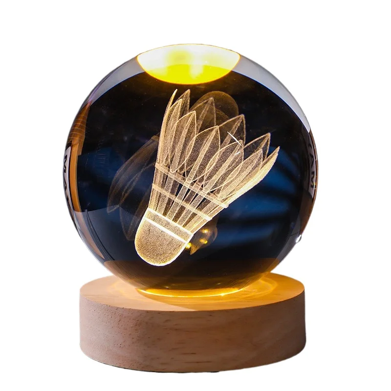 

Luminous engraving 3D badminton crystal ball ornament peripheral night light solid wood base birthday gift gift