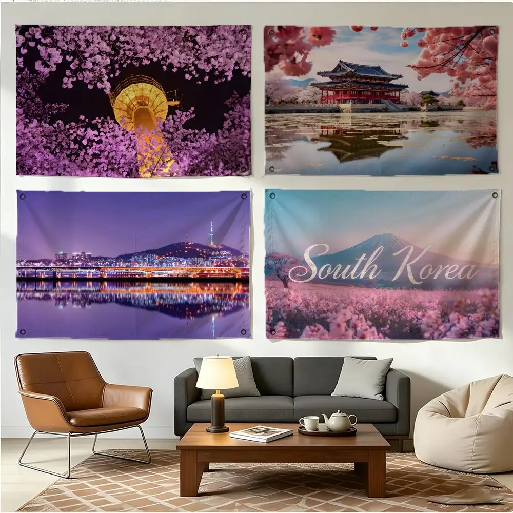 Vibrant Cosmopolitan City S-Seoul In Korea Flags Four Ring Borderless Art Decor Indoor Outdoor Use Simple Hang And Install