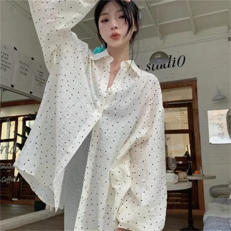 

Femme Spring Summer Korean Fashion Printing Button Solid Color Collar Women Shirts Fashionable Polka Dot Long Sleeve Top Te
