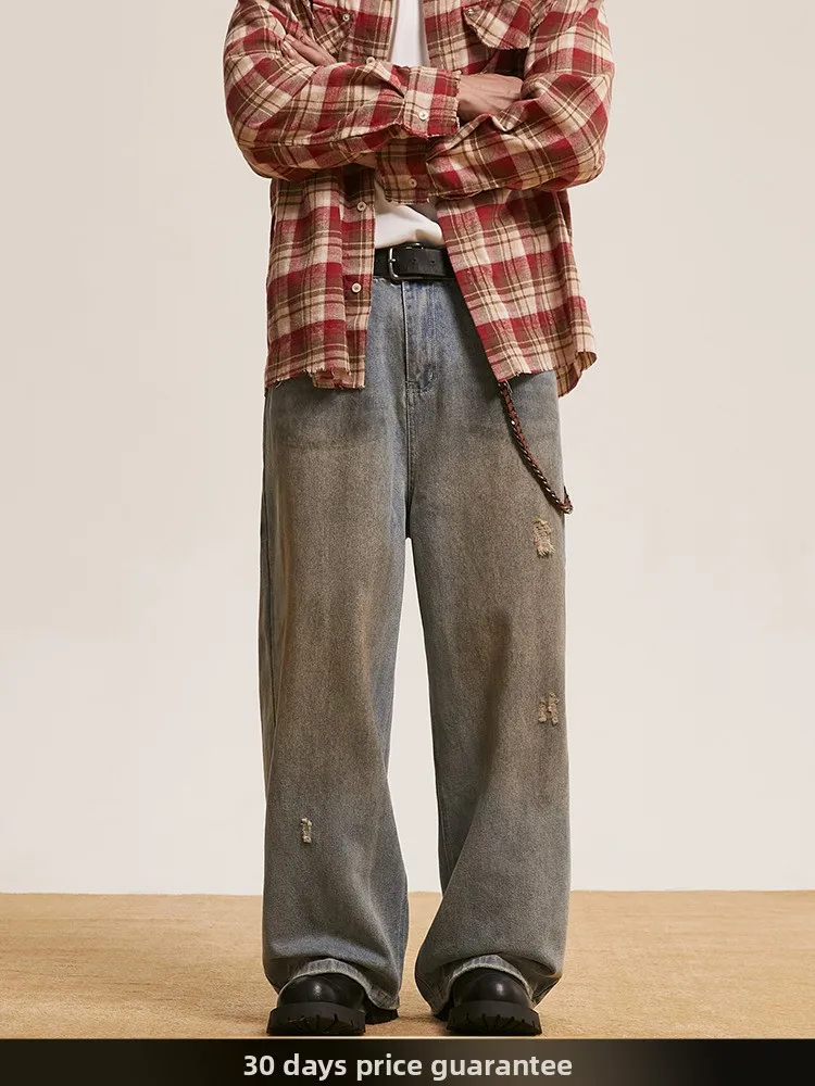 

Retro American Waed Mud Dye Wide Leg Casual Jeans Men Autumn High Street Hole Leisure Pants Cotton Polyester Blend Straight...